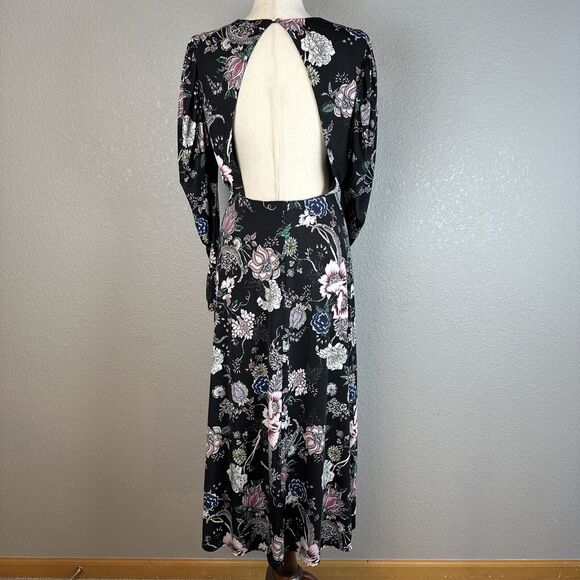 AFRM Womens Maxi Flare Dress M Medium Black Floral Balloon Long Sleeve Open Back - Picture 5 of 8